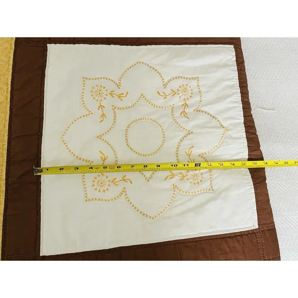 Vintage Hand made Quilt Cross Stitch Coverlet Floral Brown Yellow Moroccan Orang
